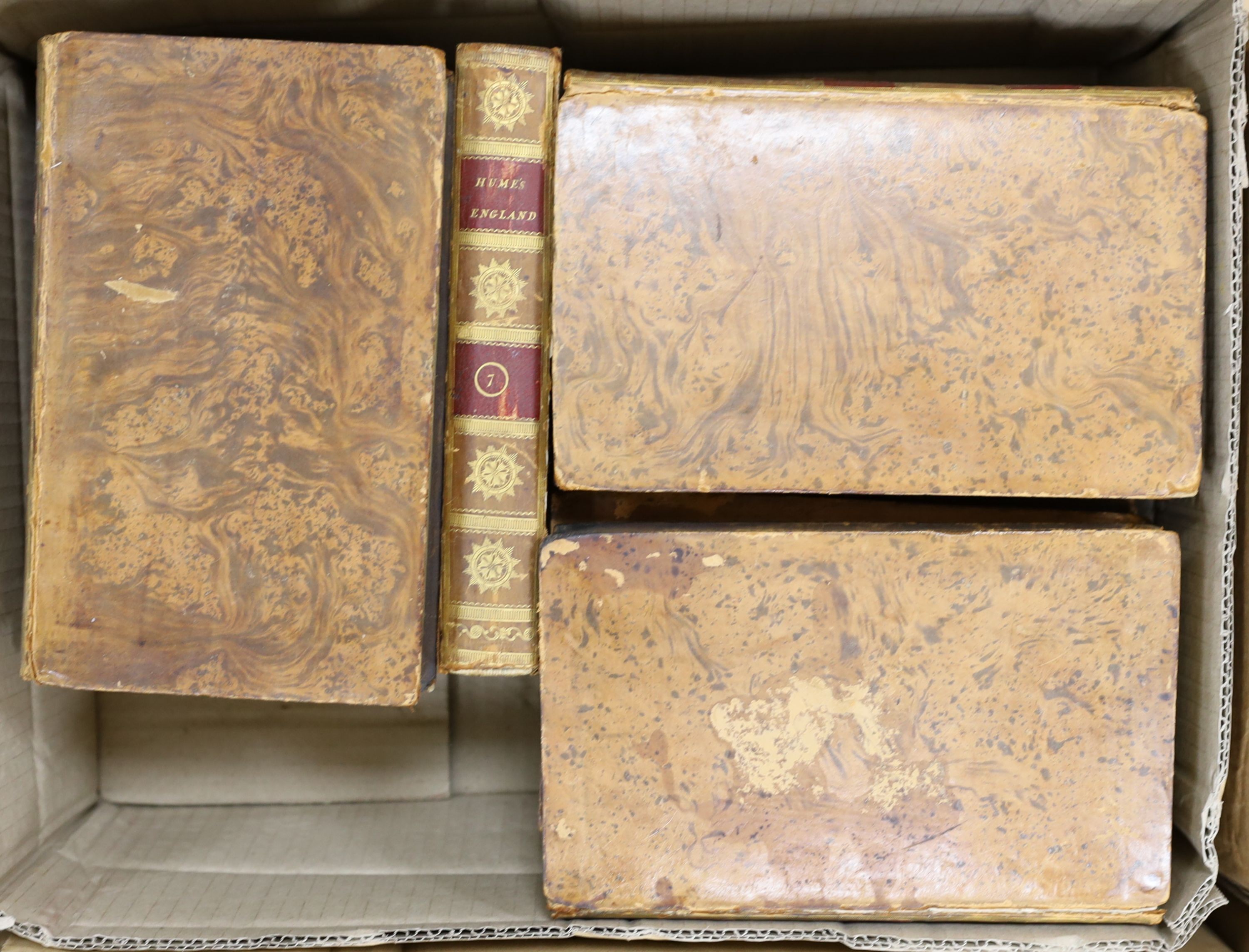 Hume, David - The History of England ... new edition, 8 vols.; and: the Continuation (by Thomas Smollet) 5 vols, some portrait frontispieces; contemp. tree calf, gilt-decorated spines with maroon labels; together 13 vols